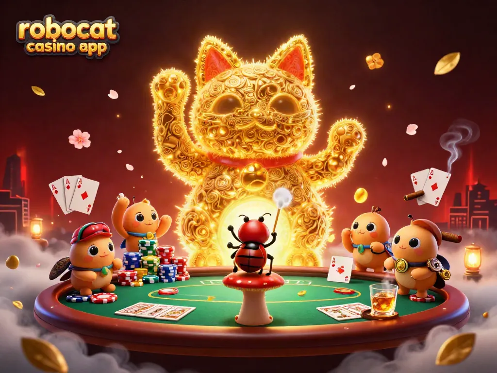 Experience the thrill of gaming with the robocat casino app, showcasing a lively illustration of a lucky cat and dynamic poker elements.