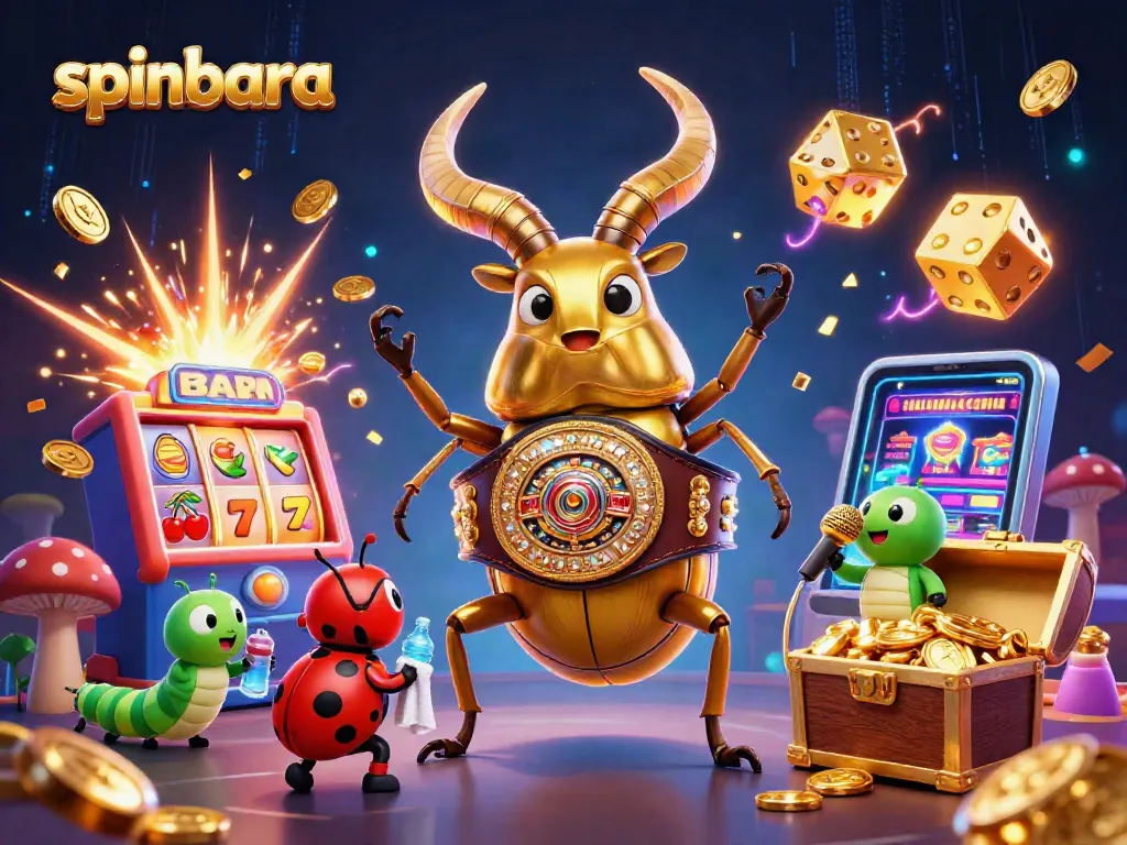 Spinbara casino showcases vibrant gameplay with a giant beetle and dynamic gaming elements.