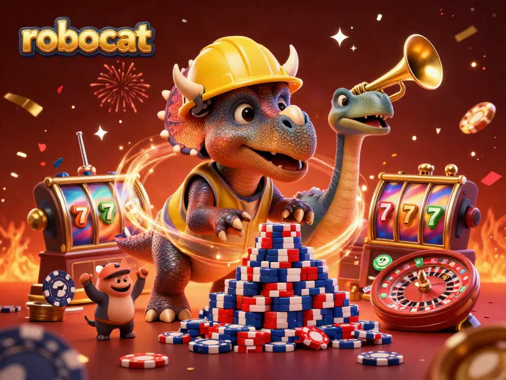 Engage in the vibrant world of robocat with dynamic casino game elements in a celebratory scene.