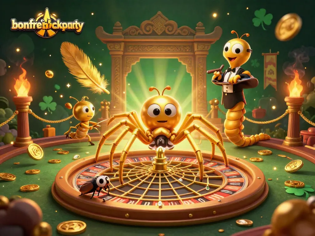Engage in action at bonfireblockparty with the thrilling roulette scene featuring a golden spider and animated croupier.