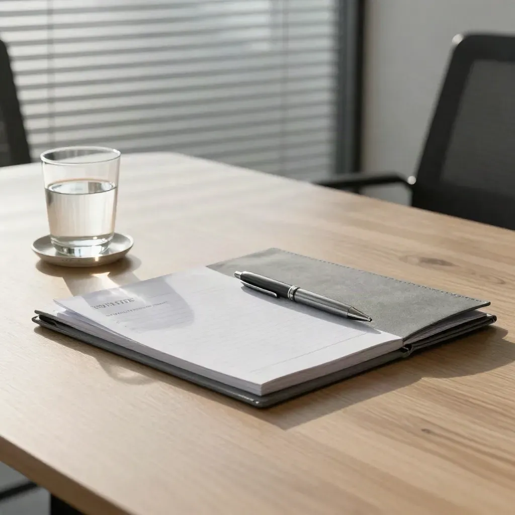 Carpeta gris de oficina con acta de reunión, vaso de agua y bolígrafo sobre mesa de conferencias.