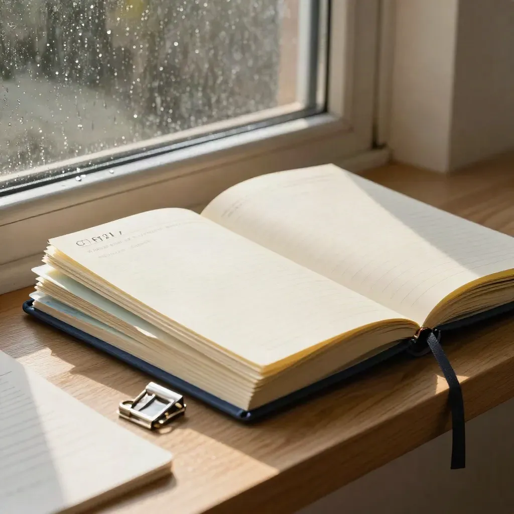 Cuaderno Cornell, tarjetas y separadores junto a una ventana lluviosa, luz matinal suave.