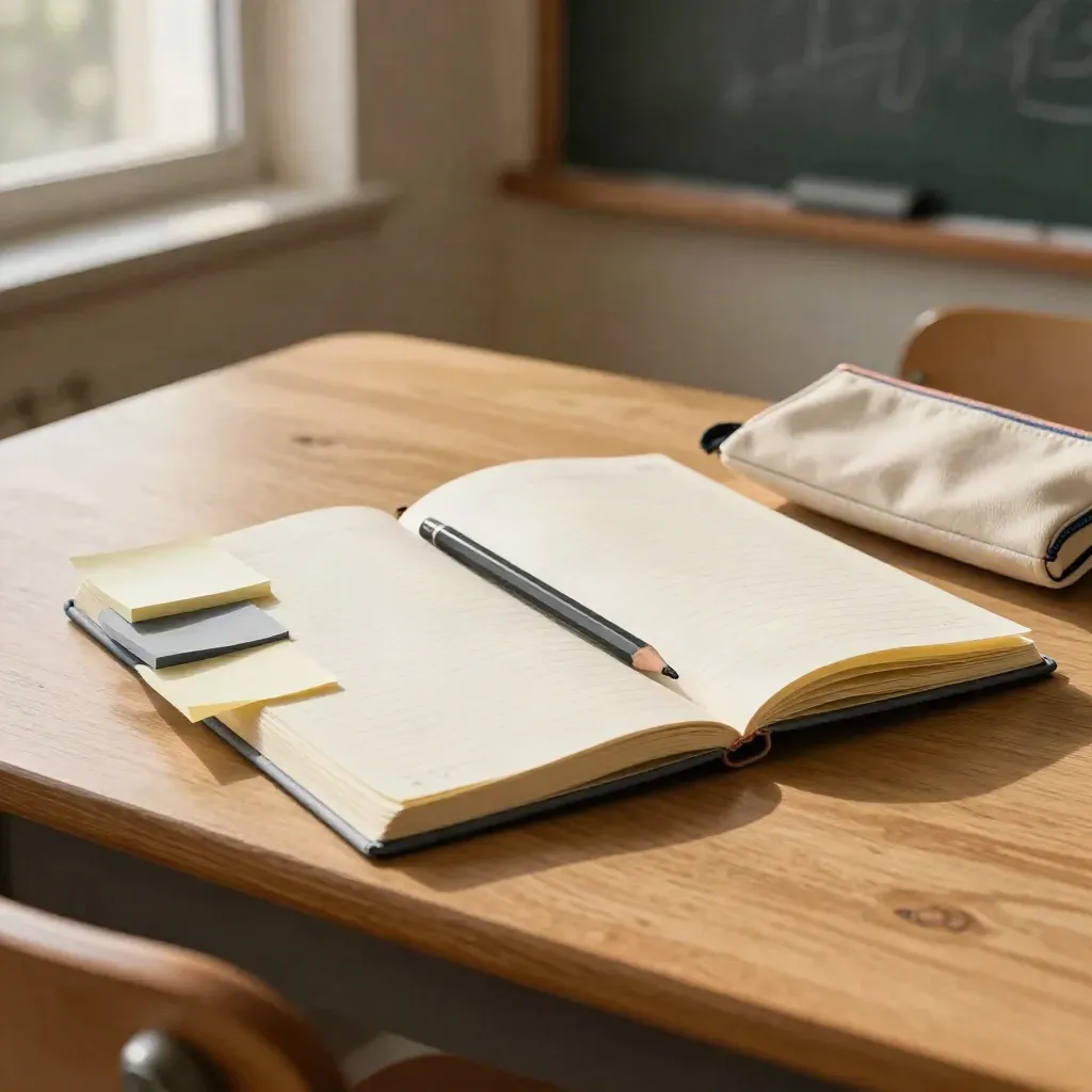 Cuaderno abierto con notas, pos-it, lápiz y estuche sobre pupitre de madera en un aula luminosa.