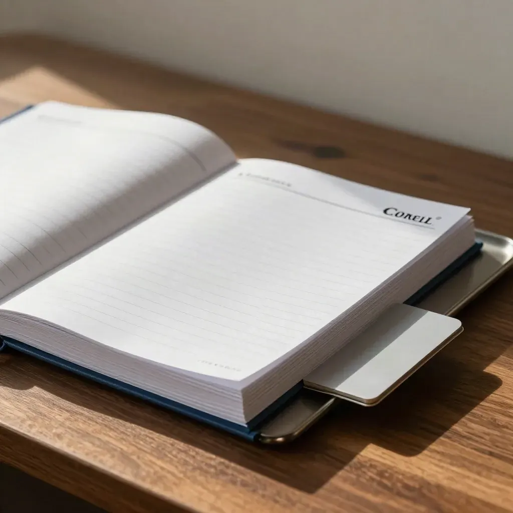 Cuaderno Cornell en bandeja baja con tarjetas de apoyo y clip metálico, luz lateral dramática.