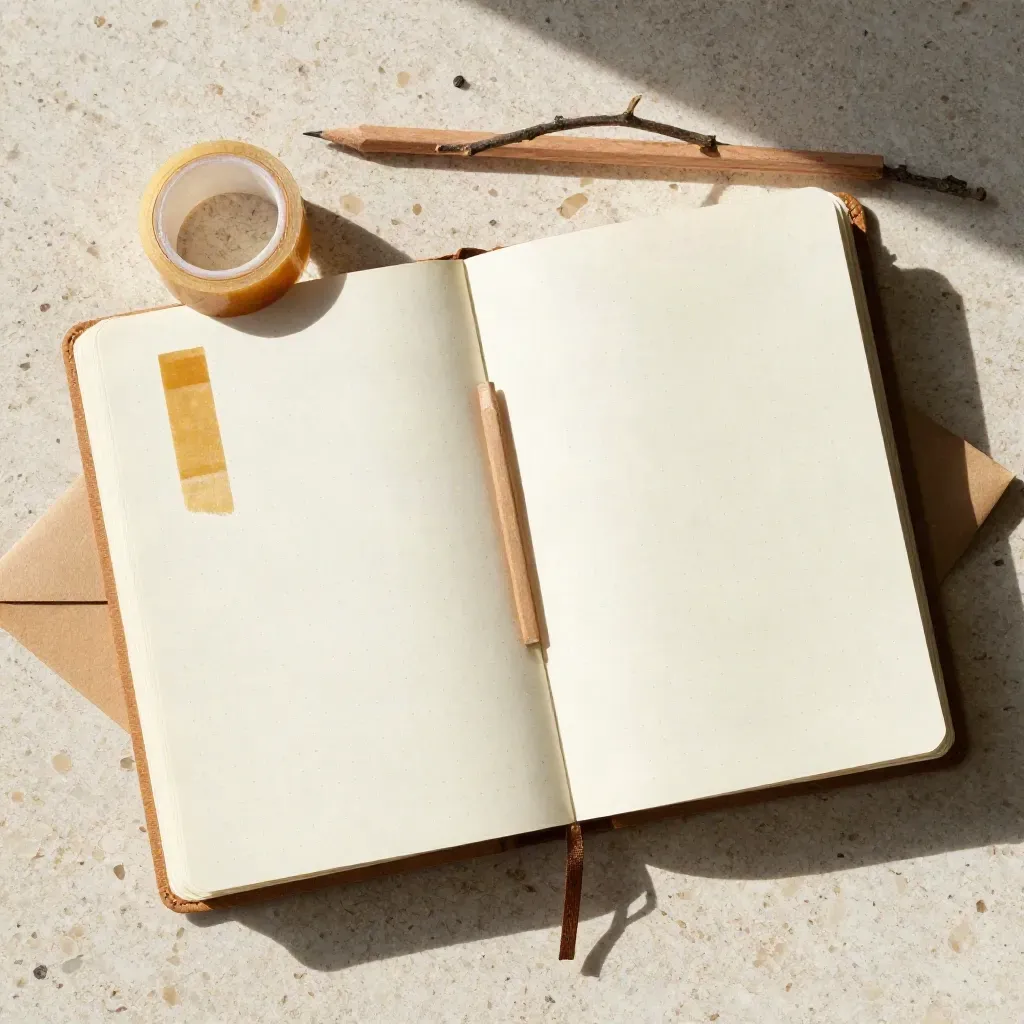 Vista cenital de bullet journal con washi, lápiz, sobre y ramita sobre travertino claro.