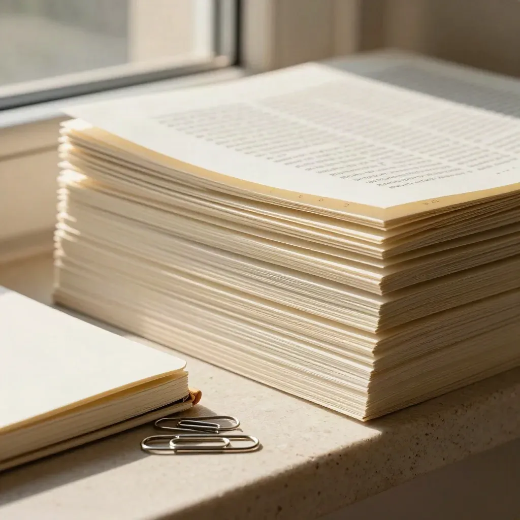 Páginas recortadas, cuaderno compacto y clips de papel sobre un alféizar claro, con luz cálida.
