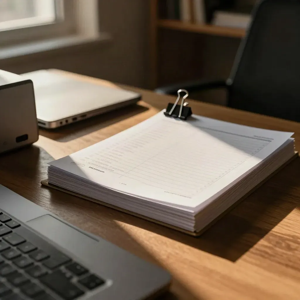 Mesa de oficina ordenada con tarjetas, carpeta gris y portátil cerrado junto a luz cálida.