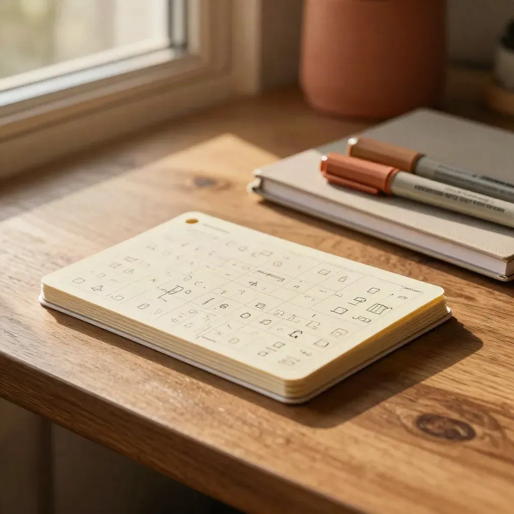 Tarjetas de memoria con dibujos simples, cuaderno y marcadores suaves sobre mesa cálida.