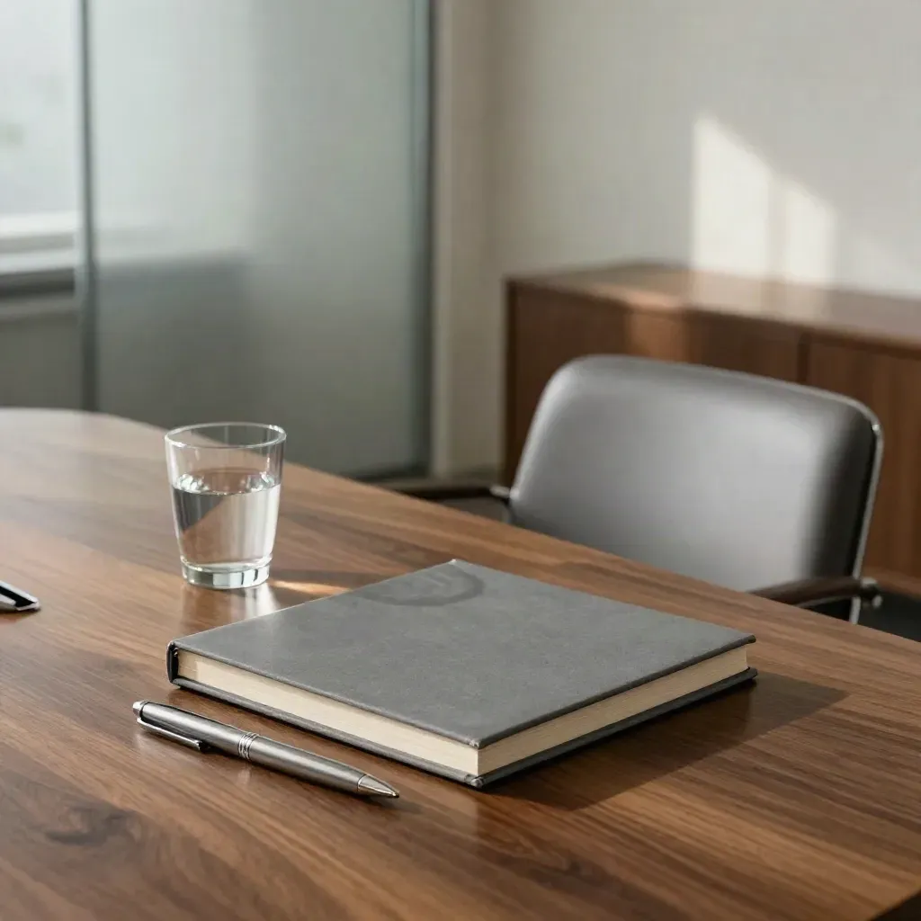 Mesa de reunión vacía con carpeta de acta, vaso de agua y silla girada bajo sombras de persiana.