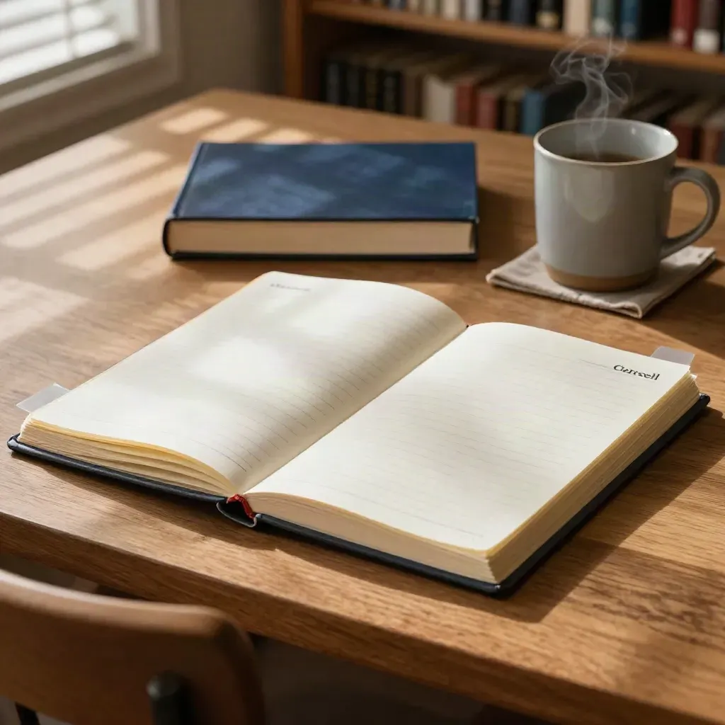 Cuaderno Cornell abierto en mesa de biblioteca, libro cerrado y taza mate con luz de persianas.