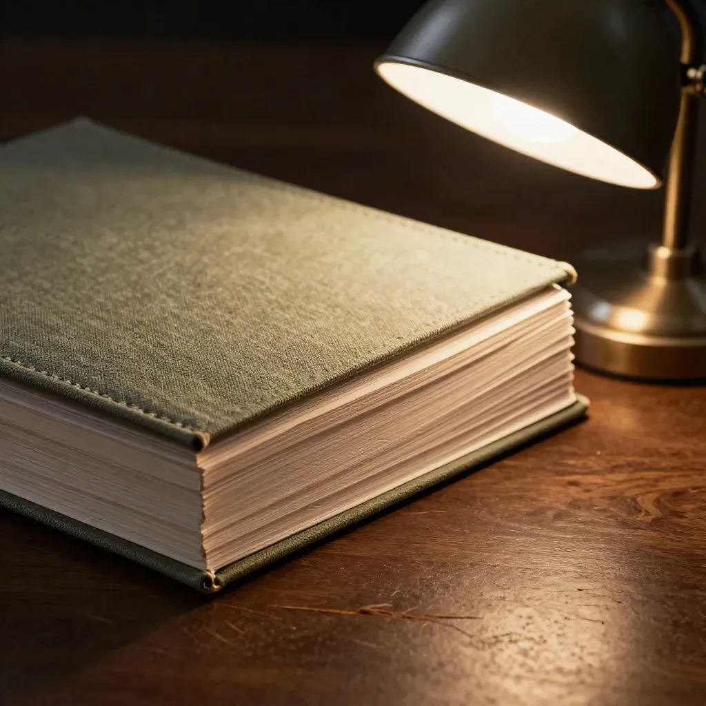 Cuaderno de repaso, tarjetas apiladas y lámpara apagada sobre escritorio oscuro.