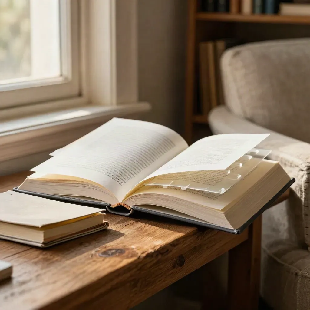 Libro abierto con marcadores translúcidos, cuaderno fino y fichas sobre un rincón cálido.