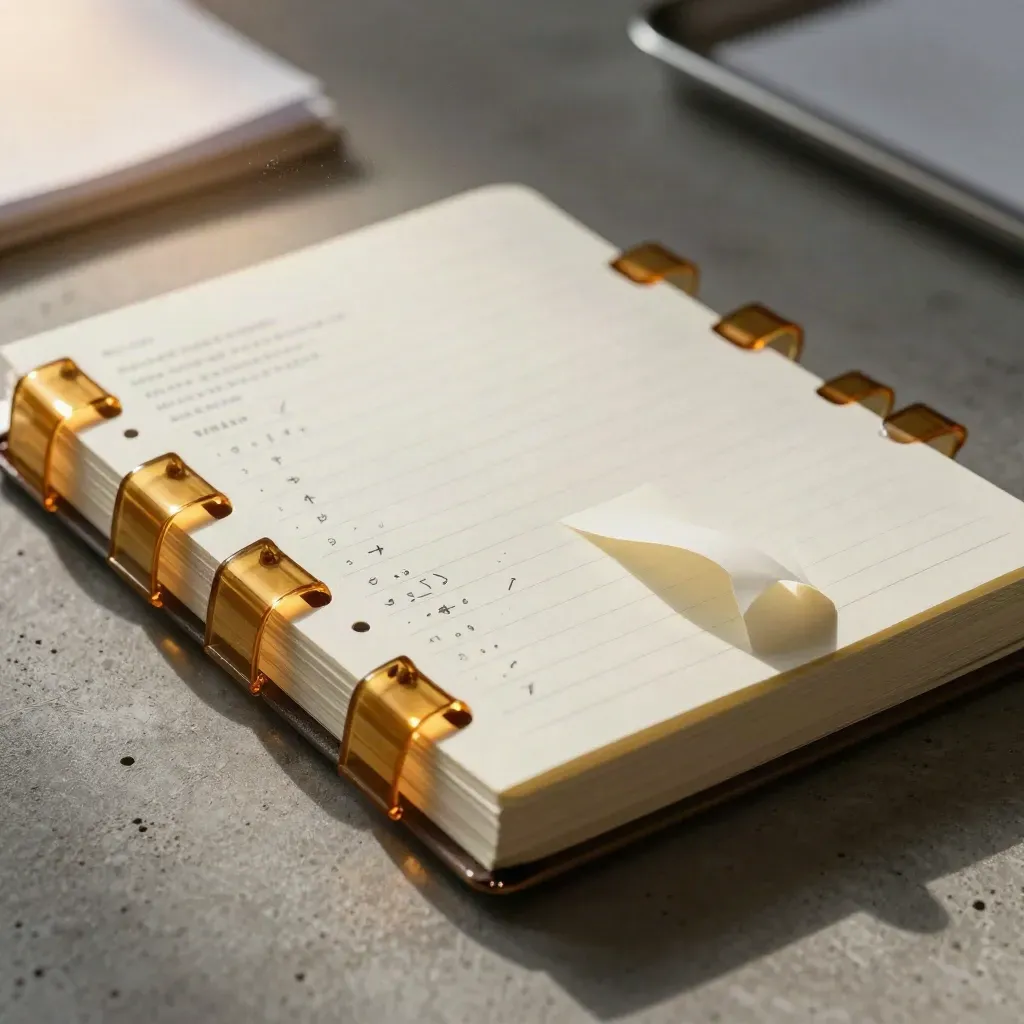 Cuaderno de márgenes con banderas ámbar y flechas pequeñas sobre un escritorio iluminado.