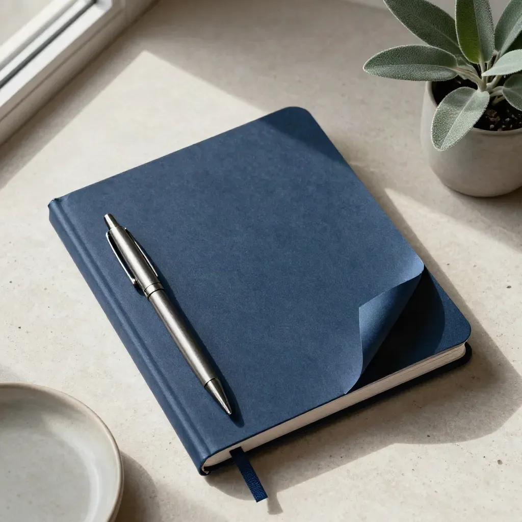 Cuaderno azul tinta con pluma metálica, hoja doblada, planta pequeña y plato cerámico sobre piedra clara.