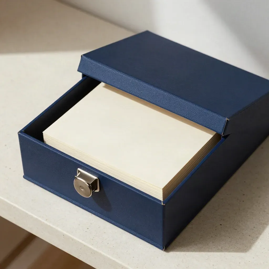 Caja de memoria azul tinta con tarjetas y separadores, vista cenital en luz de mediodía.