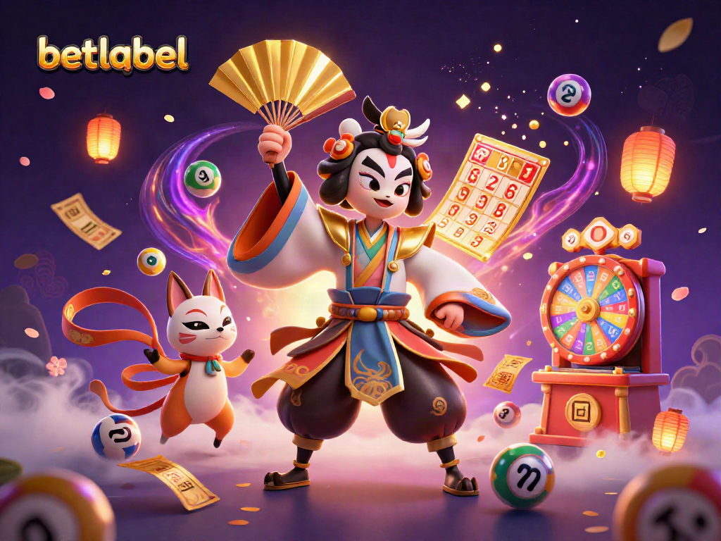 Place bets at BetLabel with vibrant casino elements and enchanting characters amidst a dynamic backdrop.
